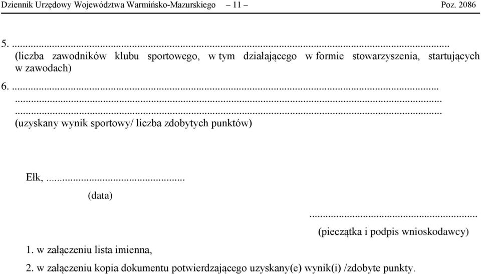 zawodach) 6. (uzyskany wynik sportowy/ liczba zdobytych punktów) Ełk,... (data).