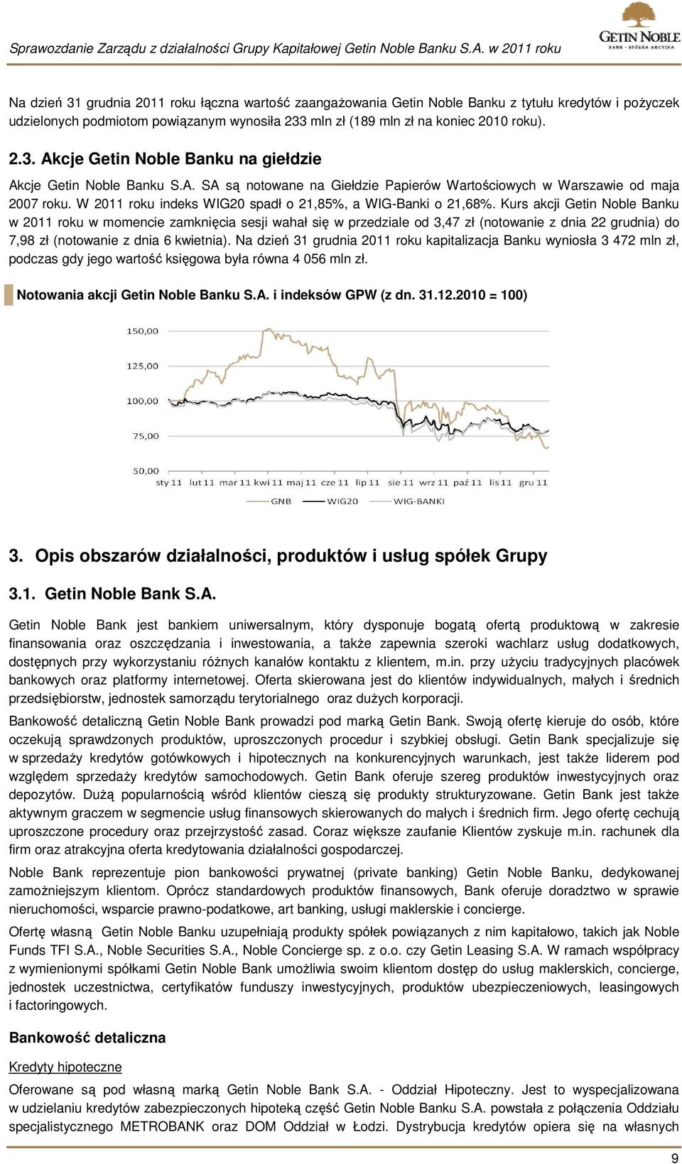 Kurs akcji Getin Noble Banku w 2011 roku w momencie zamknięcia sesji wahał się w przedziale od 3,47 zł (notowanie z dnia 22 grudnia) do 7,98 zł (notowanie z dnia 6 kwietnia).