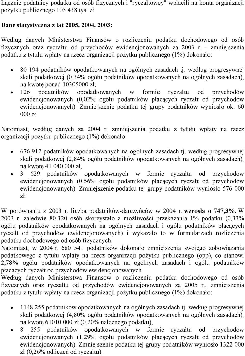 - zmniejszenia podatku z tytułu wpłaty na rzecz organizacji poŝytku publicznego (1%) dokonało: 80 194 podatników opodatkowanych na ogólnych zasadach tj.