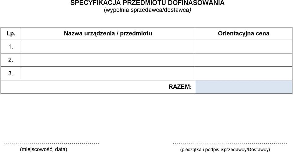 Nazwa urządzenia / przedmiotu Orientacyjna cena 1.