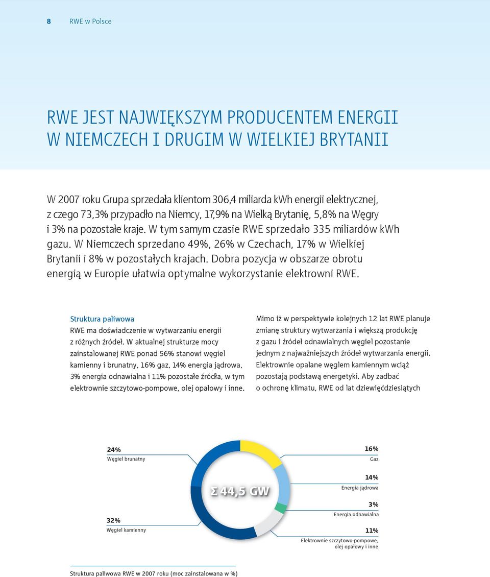 W Niemczech sprzedano 49%, 26% w Czechach, 17% w Wielkiej Brytanii i 8% w pozostałych krajach. Dobra pozycja w obszarze obrotu energią w Europie ułatwia optymalne wykorzystanie elektrowni RWE.