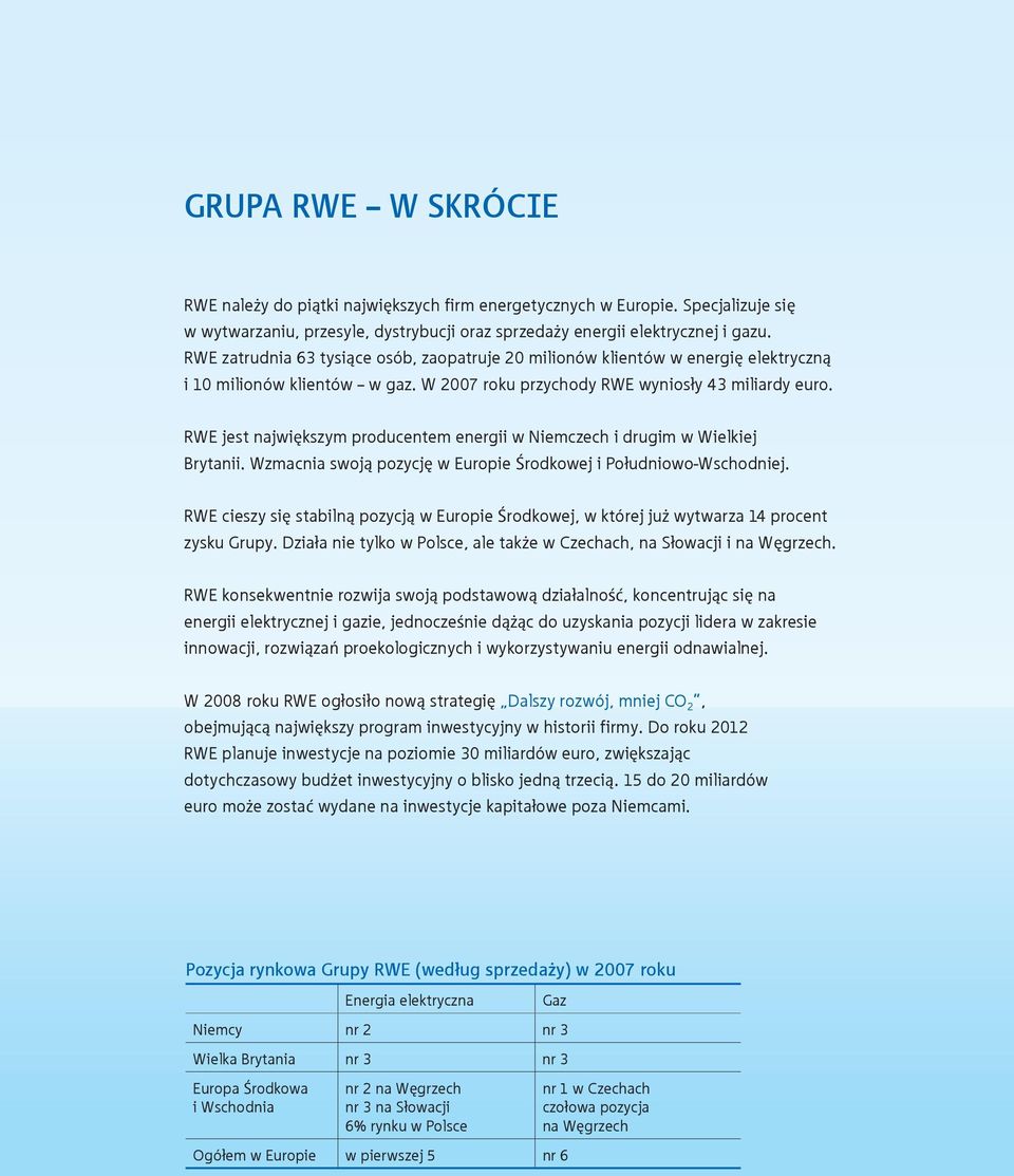 RWE jest najwi kszym producentem energii w Niemczech i drugim w Wielkiej Brytanii. Wzmacnia swoj pozycj w Europie rodkowej i Po udniowo-wschodniej.