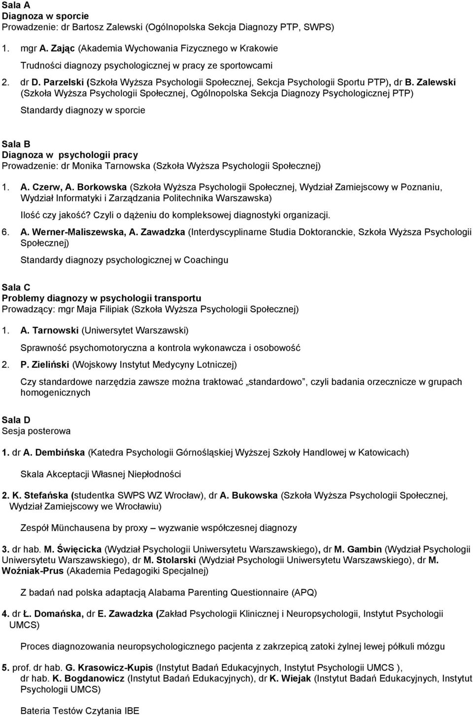 Parzelski (Szkoła Wyższa Psychologii Społecznej, Sekcja Psychologii Sportu PTP), dr B.