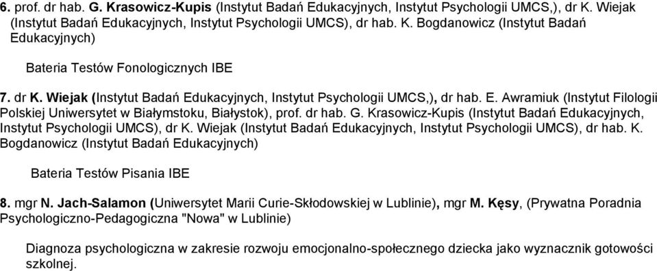 Krasowicz-Kupis (Instytut Badań Edukacyjnych, Instytut Psychologii UMCS), dr K. Wiejak (Instytut Badań Edukacyjnych, Instytut Psychologii UMCS), dr hab. K. Bogdanowicz (Instytut Badań Edukacyjnych) Bateria Testów Pisania IBE 8.