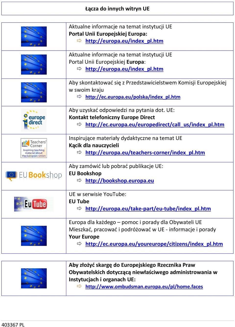 europa.eu/polska/index_pl.htm Aby uzyskać odpowiedzi na pytania dot. UE: Kontakt telefoniczny Europe Direct http://ec.europa.eu/europedirect/call_us/index_pl.