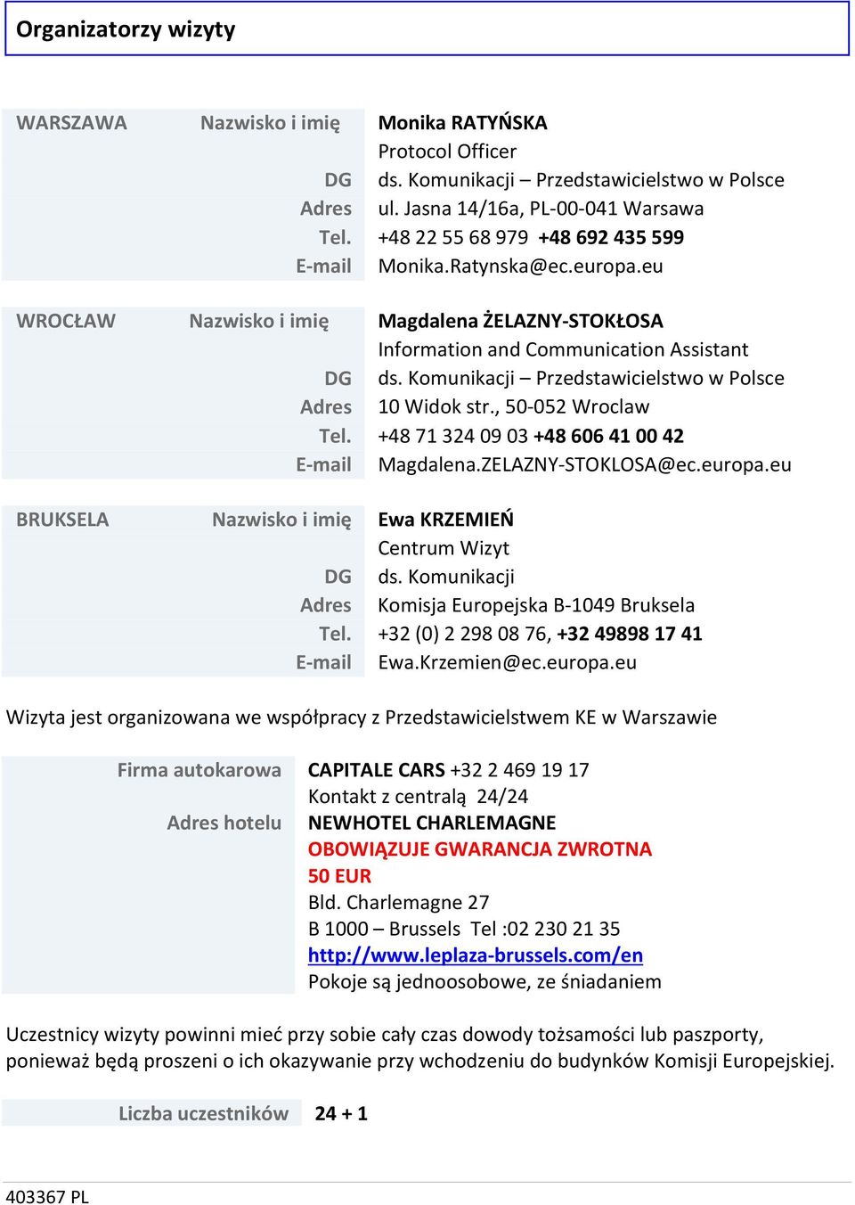 Komunikacji Przedstawicielstwo w Polsce Adres 10 Widok str., 50-052 Wroclaw Tel. +48 71 324 09 03 +48 606 41 00 42 E-mail Magdalena.ZELAZNY-STOKLOSA@ec.europa.