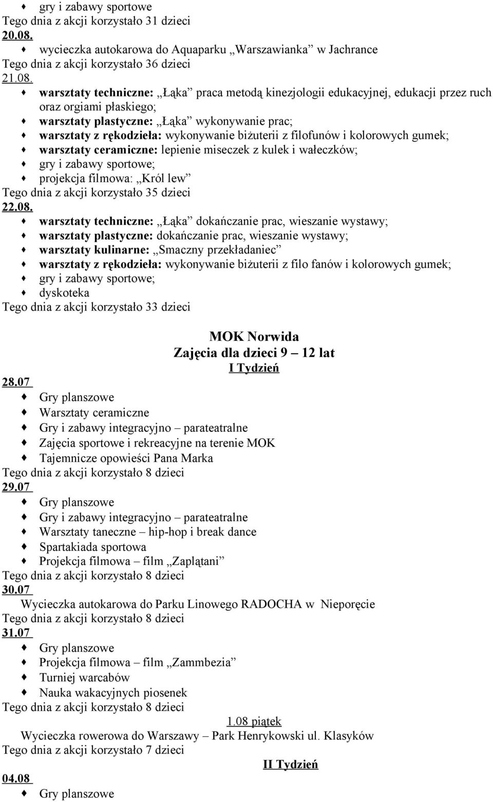 warsztaty techniczne: Łąka praca metodą kinezjologii edukacyjnej, edukacji przez ruch oraz orgiami płaskiego; warsztaty plastyczne: Łąka wykonywanie prac; warsztaty z rękodzieła: wykonywanie