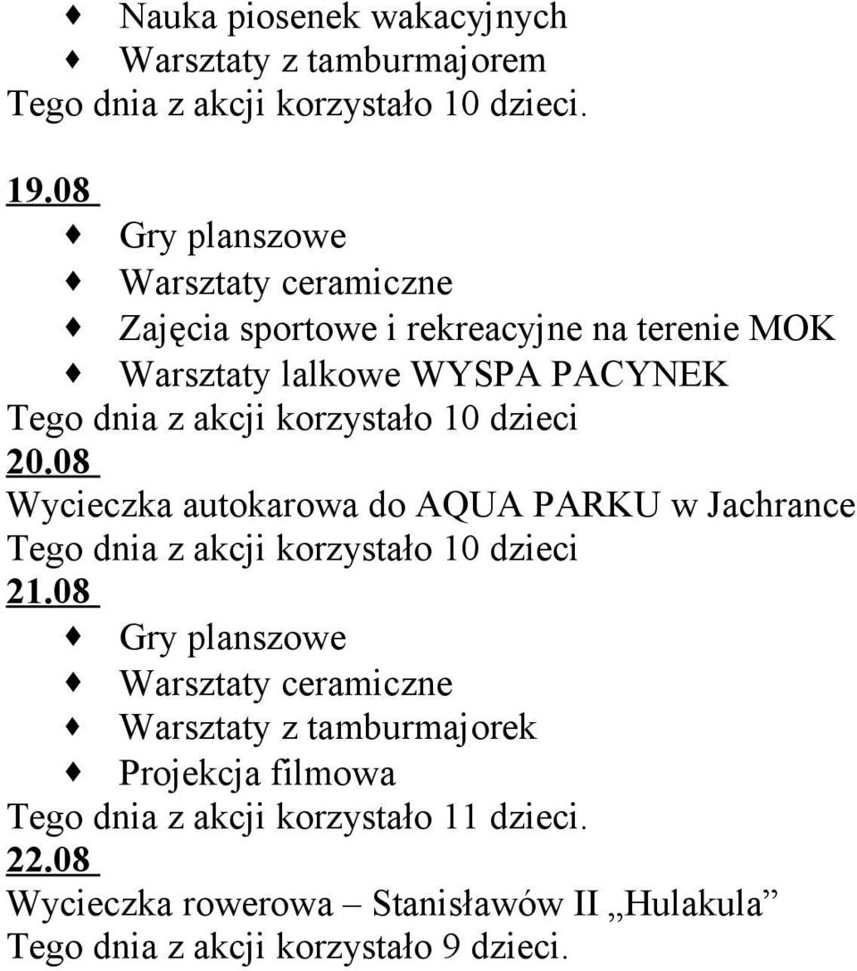 20.08 Wycieczka autokarowa do AQUA PARKU w Jachrance Tego dnia z akcji korzystało 10 dzieci 21.