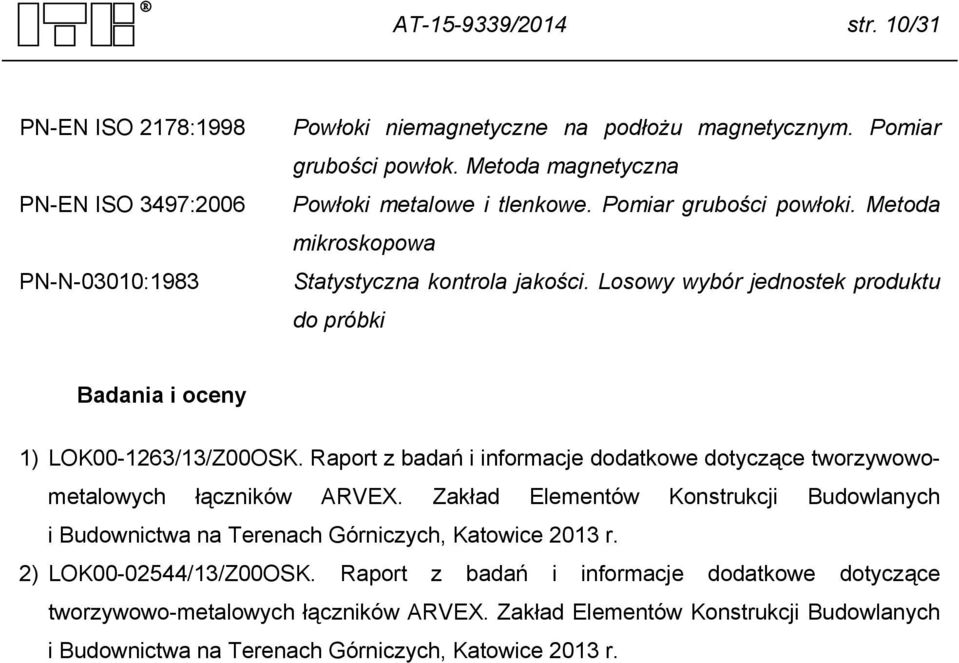 Losowy wybór jednostek produktu do próbki Badania i oceny 1) LOK00-1263/13/Z00OSK. Raport z badań i informacje dodatkowe dotyczące tworzywowometalowych łączników ARVEX.