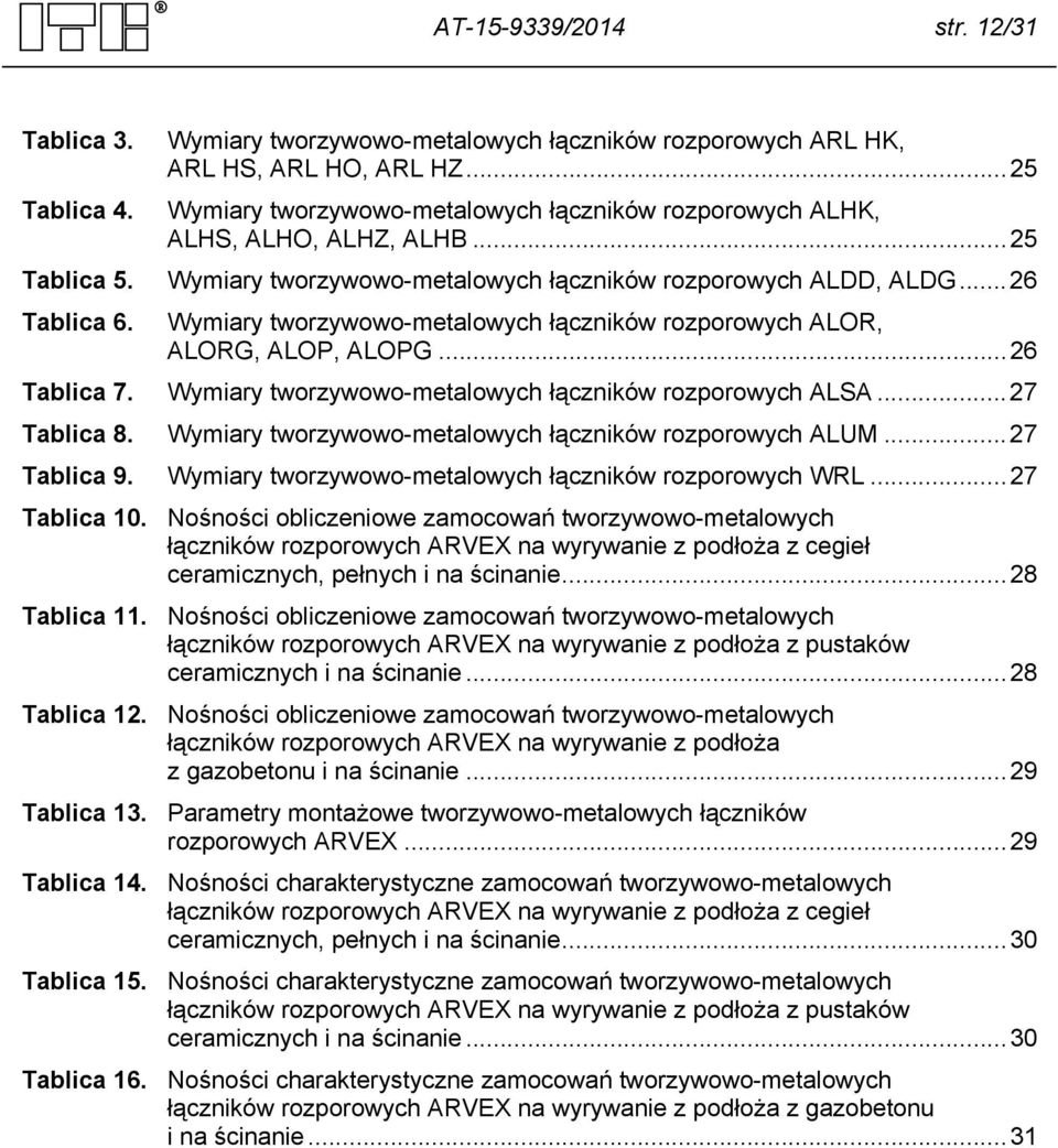 Wymiary tworzywowo-metalowych łączników rozporowych ALOR, ALORG, ALOP, ALOPG... 26 Tablica 7. Wymiary tworzywowo-metalowych łączników rozporowych ALSA... 27 Tablica 8.