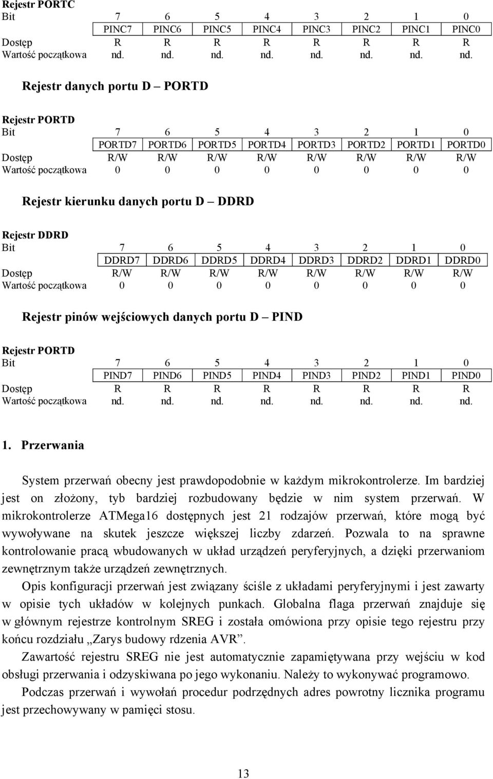 nd. Rejestr danych portu D PORTD Rejestr PORTD PORTD7 PORTD6 PORTD5 PORTD4 PORTD3 PORTD2 PORTD1 PORTD0 Dostęp R/W R/W R/W R/W R/W R/W R/W R/W Rejestr kierunku danych portu D DDRD Rejestr DDRD DDRD7