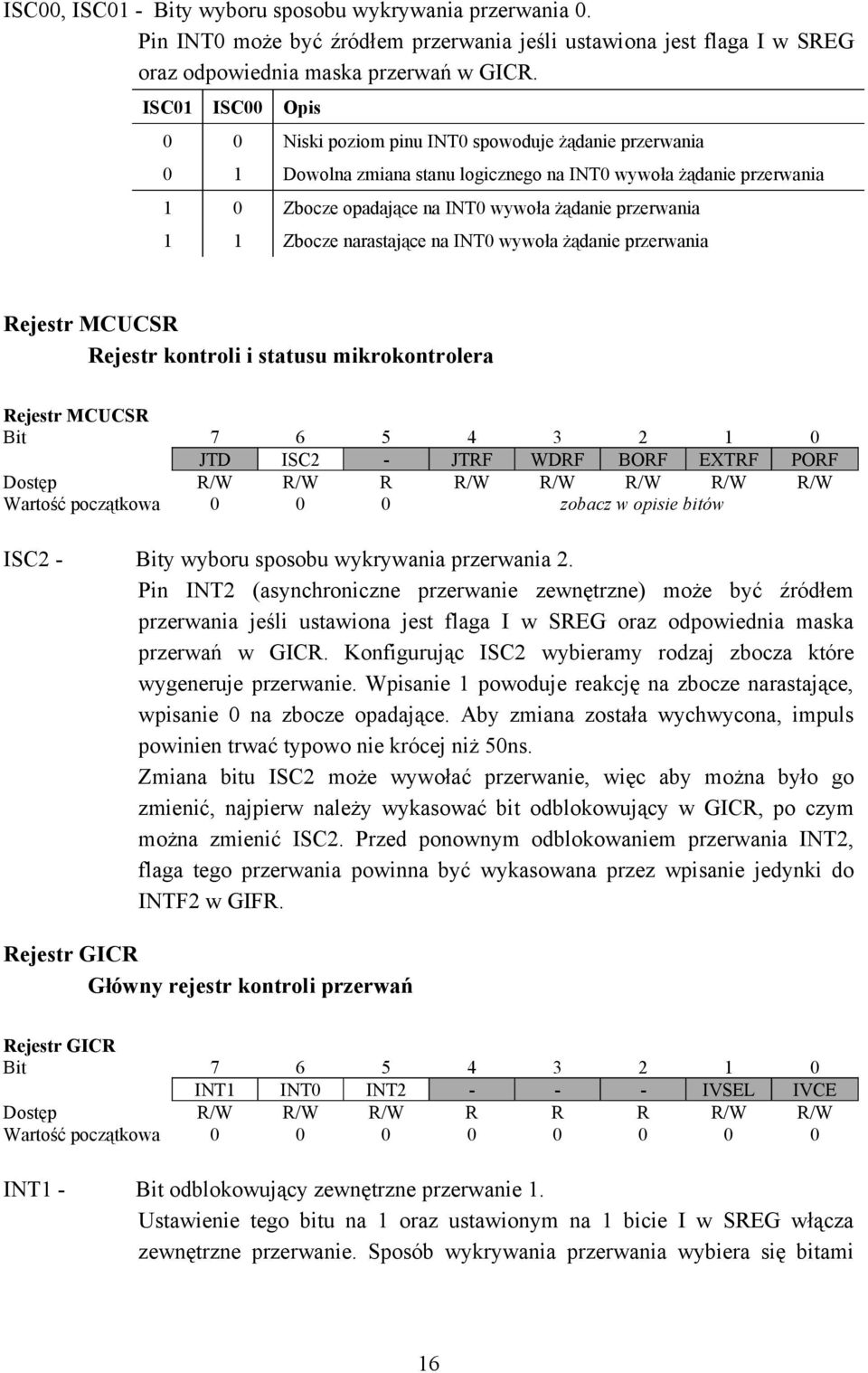 1 Zbocze narastające na INT0 wywoła żądanie przerwania Rejestr MCUCSR Rejestr kontroli i statusu mikrokontrolera Rejestr MCUCSR JTD ISC2 - JTRF WDRF BORF EXTRF PORF Dostęp R/W R/W R R/W R/W R/W R/W