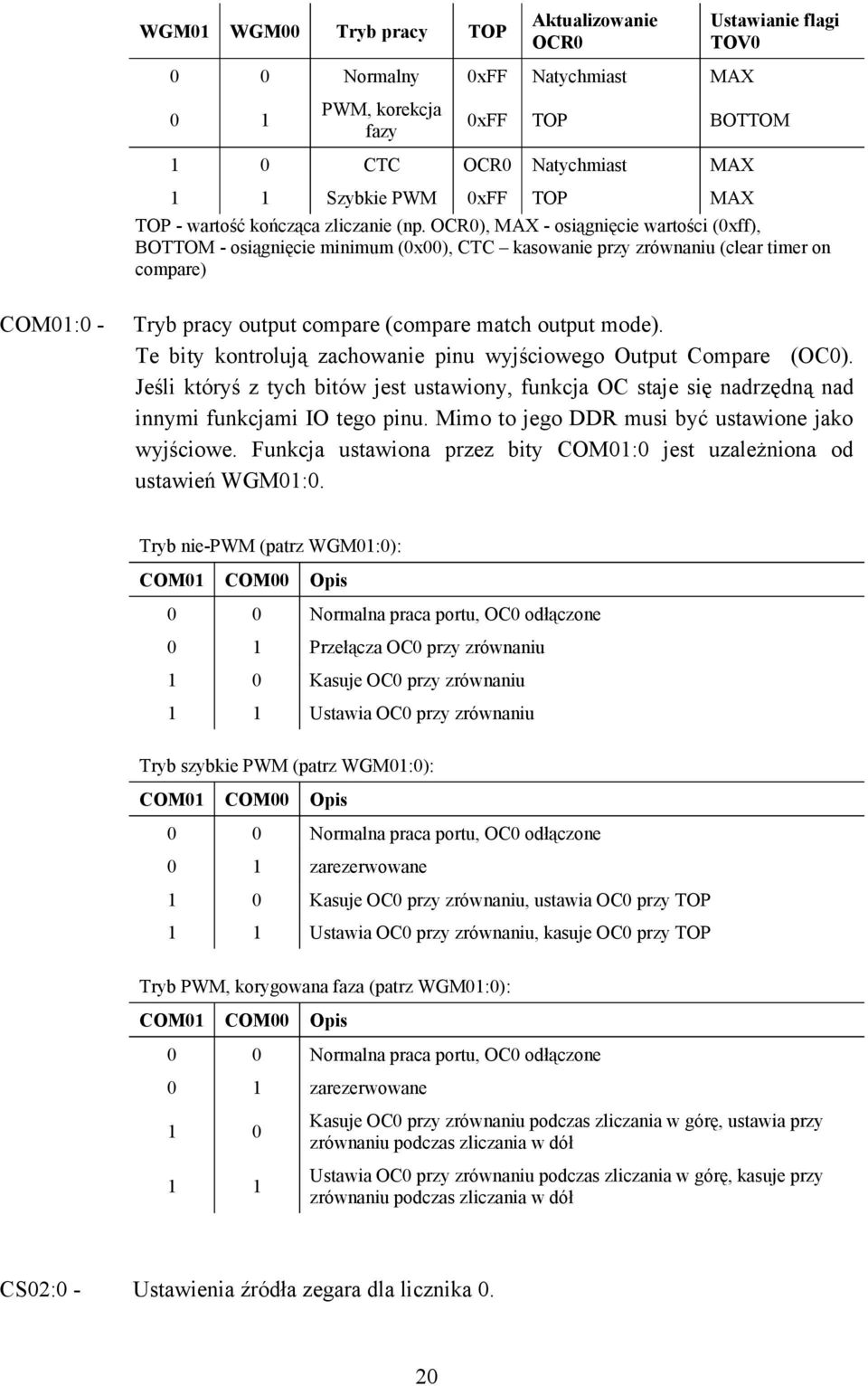 OCR0), MAX - osiągnięcie wartości (0xff), BOTTOM - osiągnięcie minimum (0x00), CTC kasowanie przy zrównaniu (clear timer on compare) COM01:0 - Tryb pracy output compare (compare match output mode).