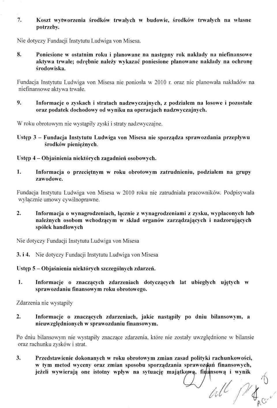 Fundacja Instytutu Ludwiga von Misesa nie poniosła w 2010 r. oraz nie planowała nakładów na niefinansowe aktywa trwałe. 9.