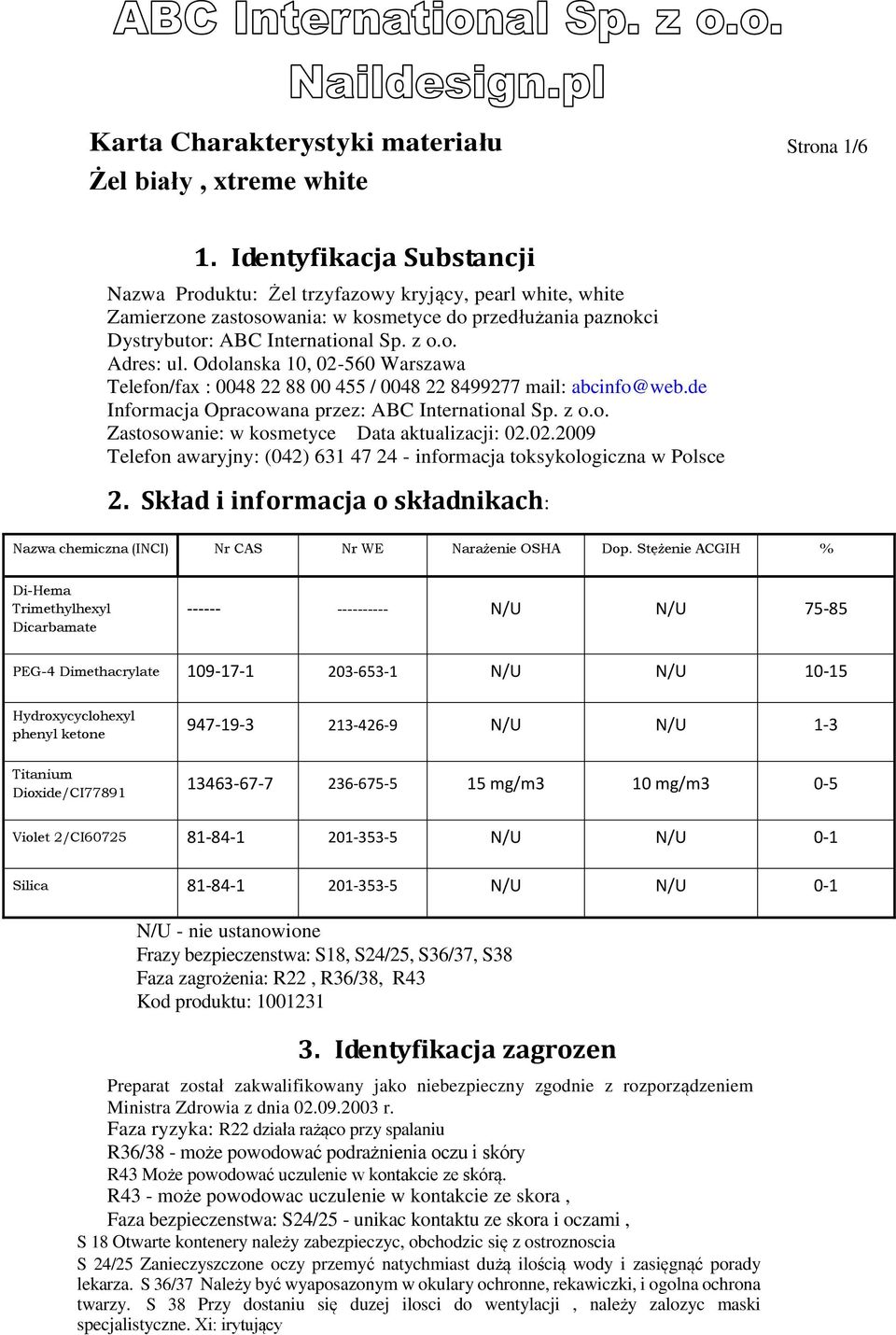 02.2009 Telefon awaryjny: (042) 631 47 24 - informacja toksykologiczna w Polsce 2. Skład i informacja o składnikach: Nazwa chemiczna (INCI) Nr CAS Nr WE Narażenie OSHA Dop.