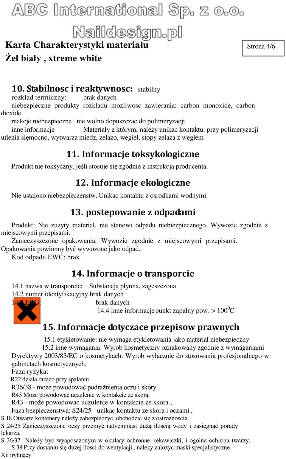 inne informacje Materialy z którymi należy unikac kontaktu: przy polimeryzacji utlenia sięmocno, wytwarza miedz, zelazo, wegiel, stopy zelaza z weglem 11.