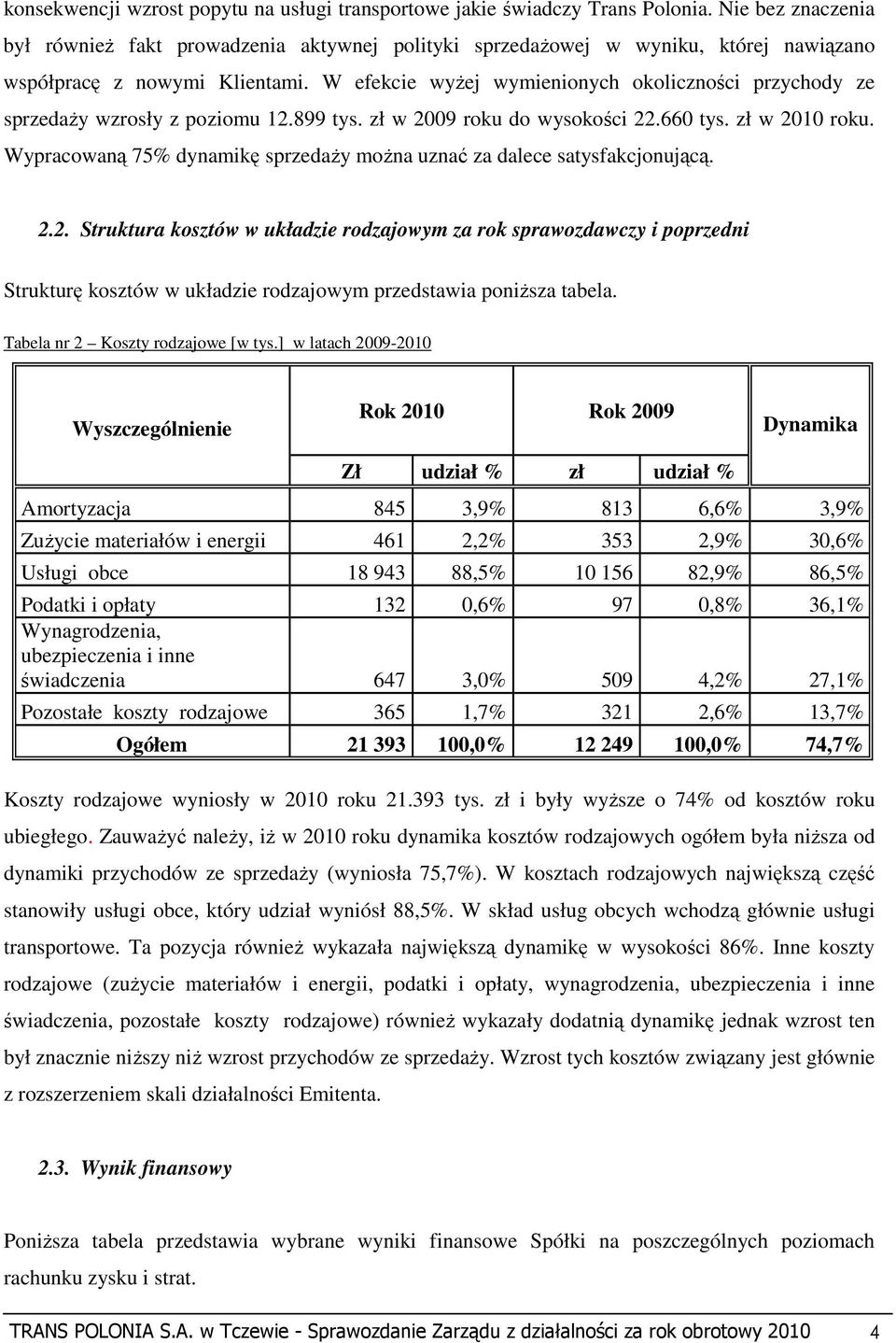 W efekcie wyŝej wymienionych okoliczności przychody ze sprzedaŝy wzrosły z poziomu 12.899 tys. zł w 2009 roku do wysokości 22.660 tys. zł w 2010 roku.