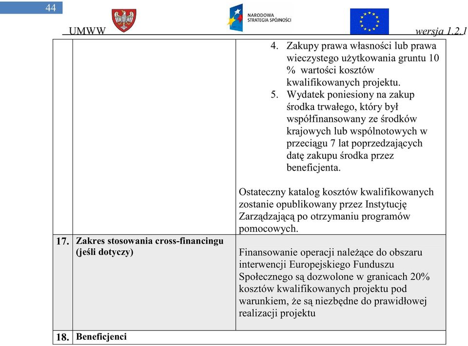 17. Zakres stosowania cross-financingu (je li dotyczy) Ostateczny katalog kosztów kwalifikowanych zostanie opublikowany przez Instytucj Zarz dzaj c po otrzymaniu programów