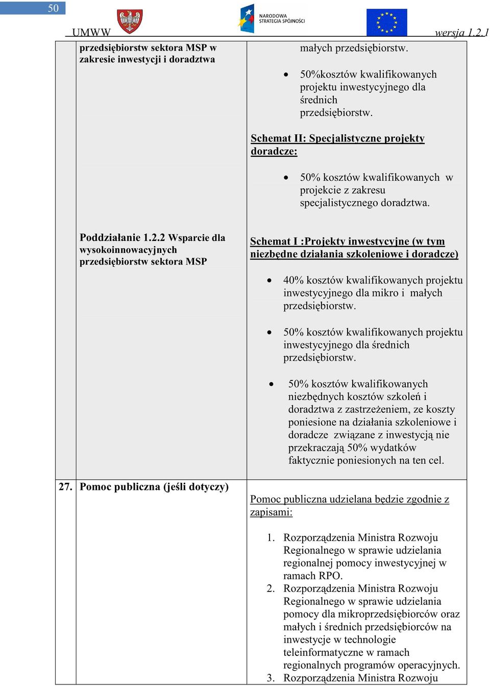 2 Wsparcie dla wysokoinnowacyjnych przedsi biorstw sektora MSP Schemat I :Projekty inwestycyjne (w tym niezb dne działania szkoleniowe i doradcze) 40% kosztów kwalifikowanych projektu inwestycyjnego