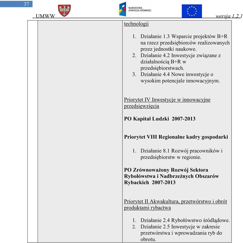 Priorytet IV Inwestycje w innowacyjne przedsi wzi cia PO Kapitał Ludzki 2007-2013 Priorytet VIII Regionalne kadry gospodarki 1. Działanie 8.