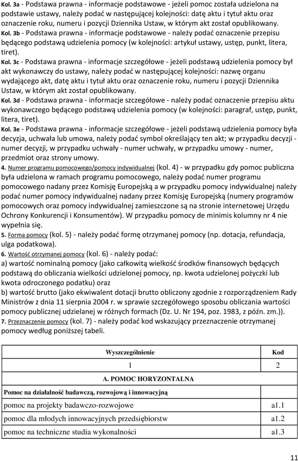 3b - Podstawa prawna - informacje podstawowe - należy podać oznacze przepisu będącego podstawą udzielenia pomocy (w kolejności: artykuł ustawy, ustęp, punkt, litera, tiret). Kol.