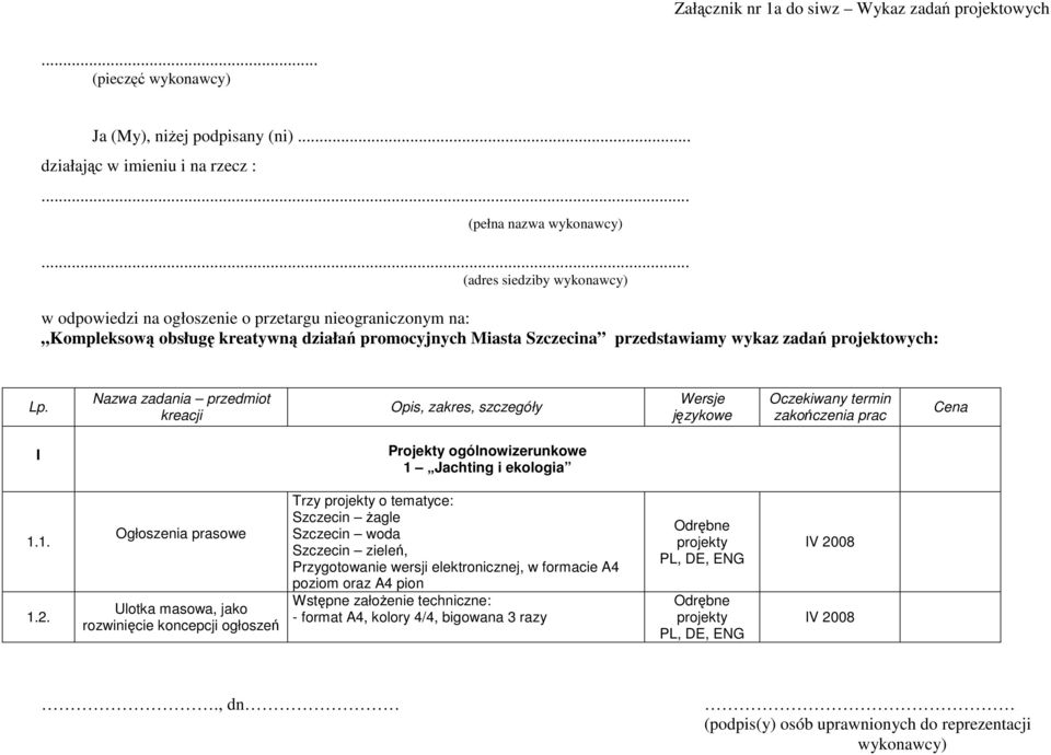 projektowych: Lp. Nazwa zadania przedmiot kreacji Opis, zakres, szczegóły Wersje językowe Oczekiwany termin zakończenia prac Cena I Projekty ogólnowizerunkowe 1 Jachting i ekologia 1.