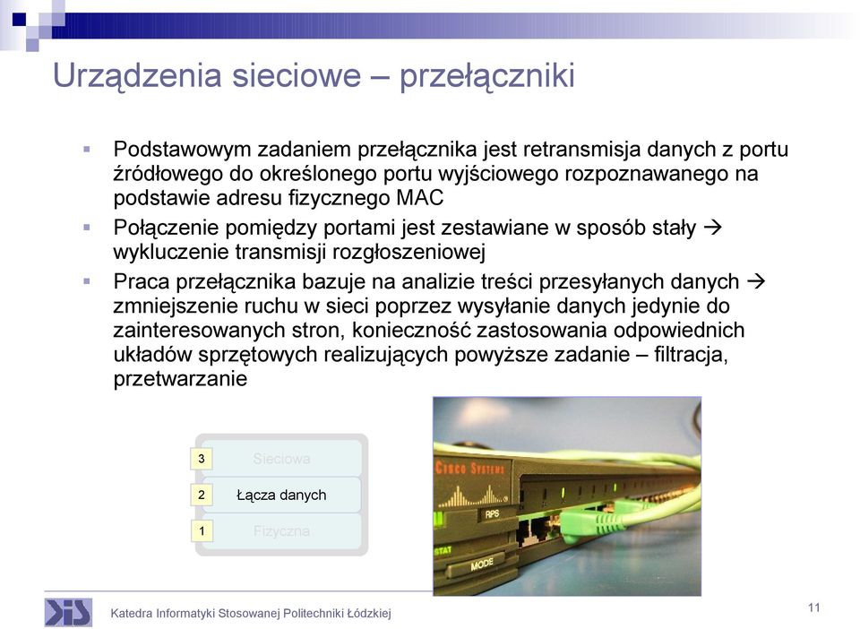 Praca przełącznika bazuje na analizie treści przesyłanych danych zmniejszenie ruchu w sieci poprzez wysyłanie danych jedynie do zainteresowanych