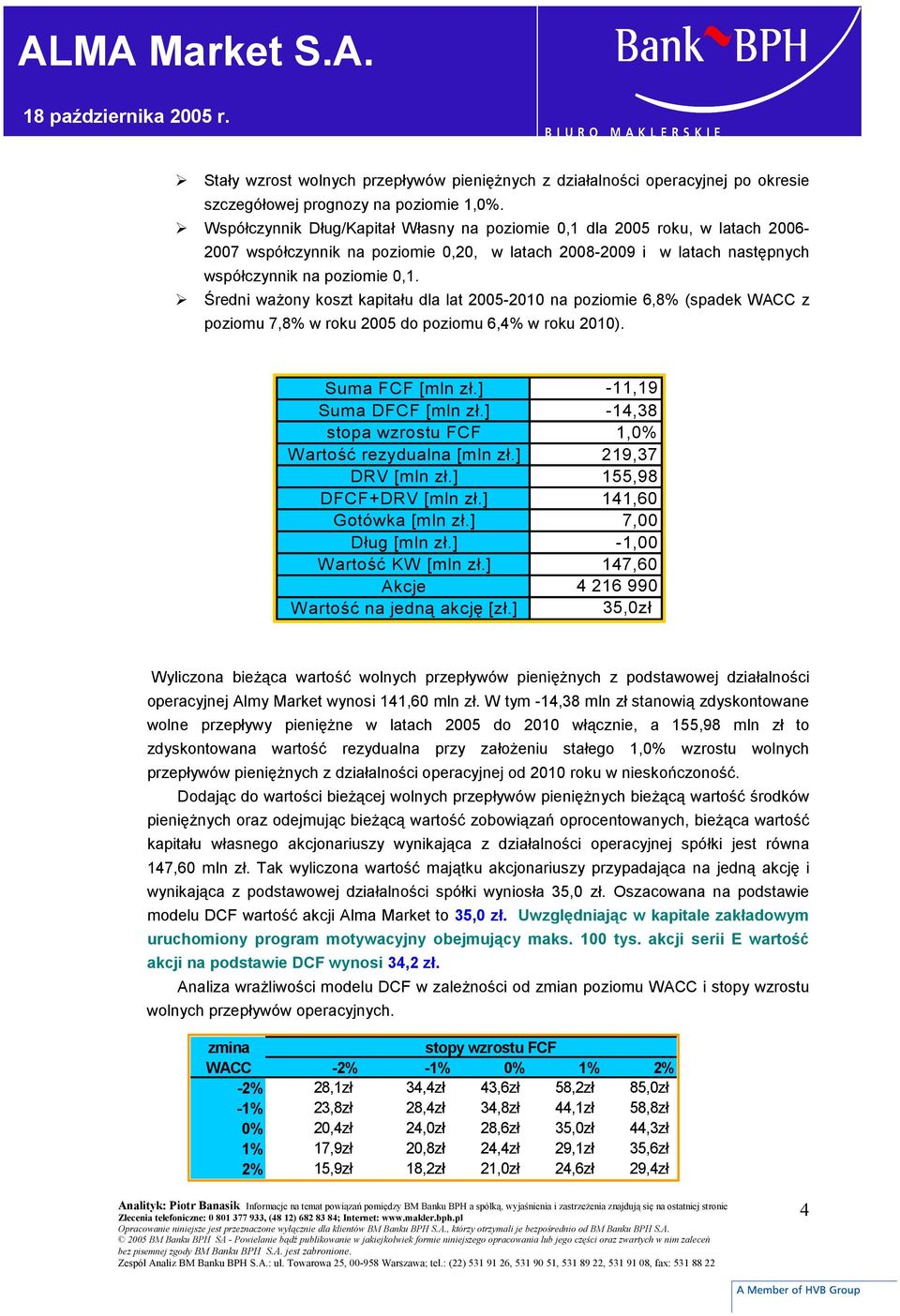 Średni ważony koszt kapitału dla lat 2005-2010 na poziomie 6,8% (spadek WACC z poziomu 7,8% w roku 2005 do poziomu 6,4% w roku 2010). Suma FCF [mln zł.] -11,19 Suma DFCF [mln zł.