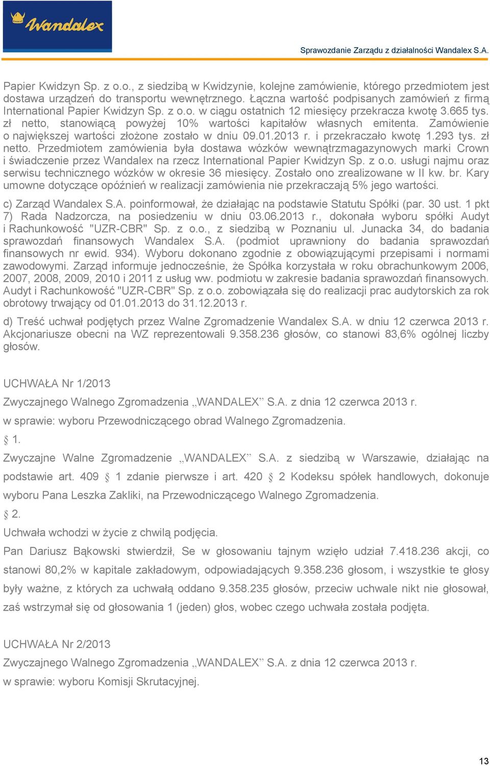 zł netto, stanowiącą powyŝej 10% wartości kapitałów własnych emitenta. Zamówienie o największej wartości złoŝone zostało w dniu 09.01.2013 r. i przekraczało kwotę 1.293 tys. zł netto.