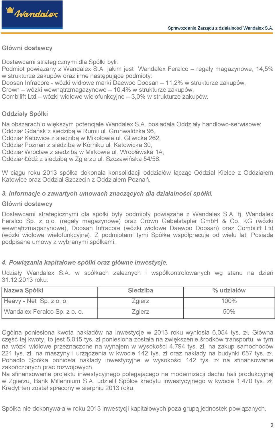 wewnątrzmagazynowe 10,4% w strukturze zakupów, Combilift Ltd wózki widłowe wielofunkcyjne 3,0% w strukturze zakupów. Oddziały Spółki Na obszarach o większym potencjale Wandalex S.A.