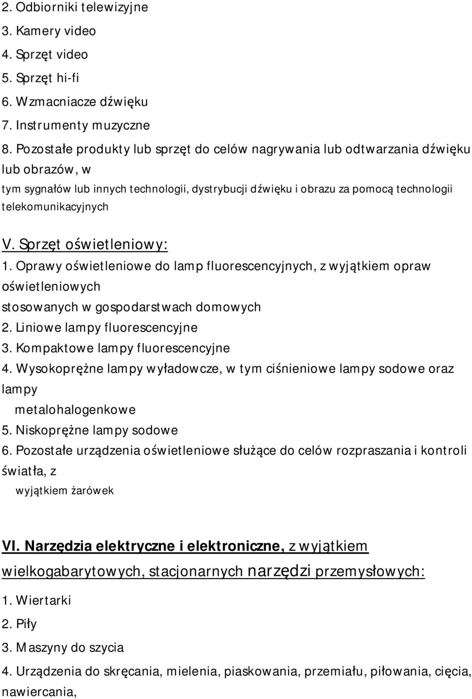 Sprz t o wietleniowy: 1. Oprawy o wietleniowe do lamp fluorescencyjnych, z wyj tkiem opraw wietleniowych stosowanych w gospodarstwach domowych 2. Liniowe lampy fluorescencyjne 3.