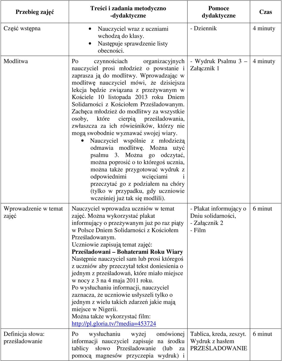 Wprowadzajc w modlitw nauczyciel mówi, e dzisiejsza lekcja bdzie zwizana z przeywanym w Kociele 10 listopada 2013 roku Dniem Solidarnoci z Kociołem Przeladowanym.