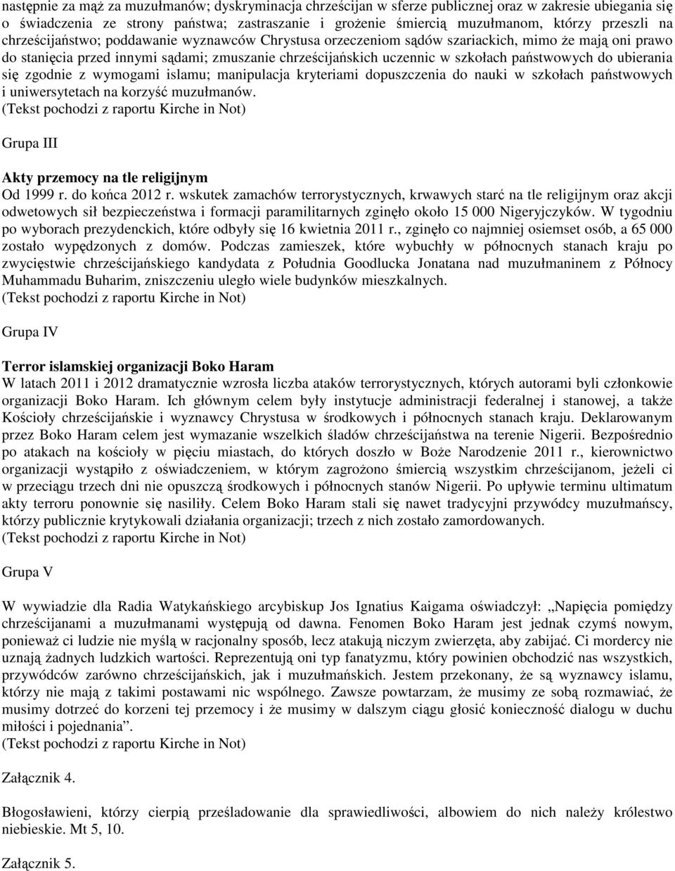 si zgodnie z wymogami islamu; manipulacja kryteriami dopuszczenia do nauki w szkołach pastwowych i uniwersytetach na korzy muzułmanów. Grupa III Akty przemocy na tle religijnym Od 1999 r.