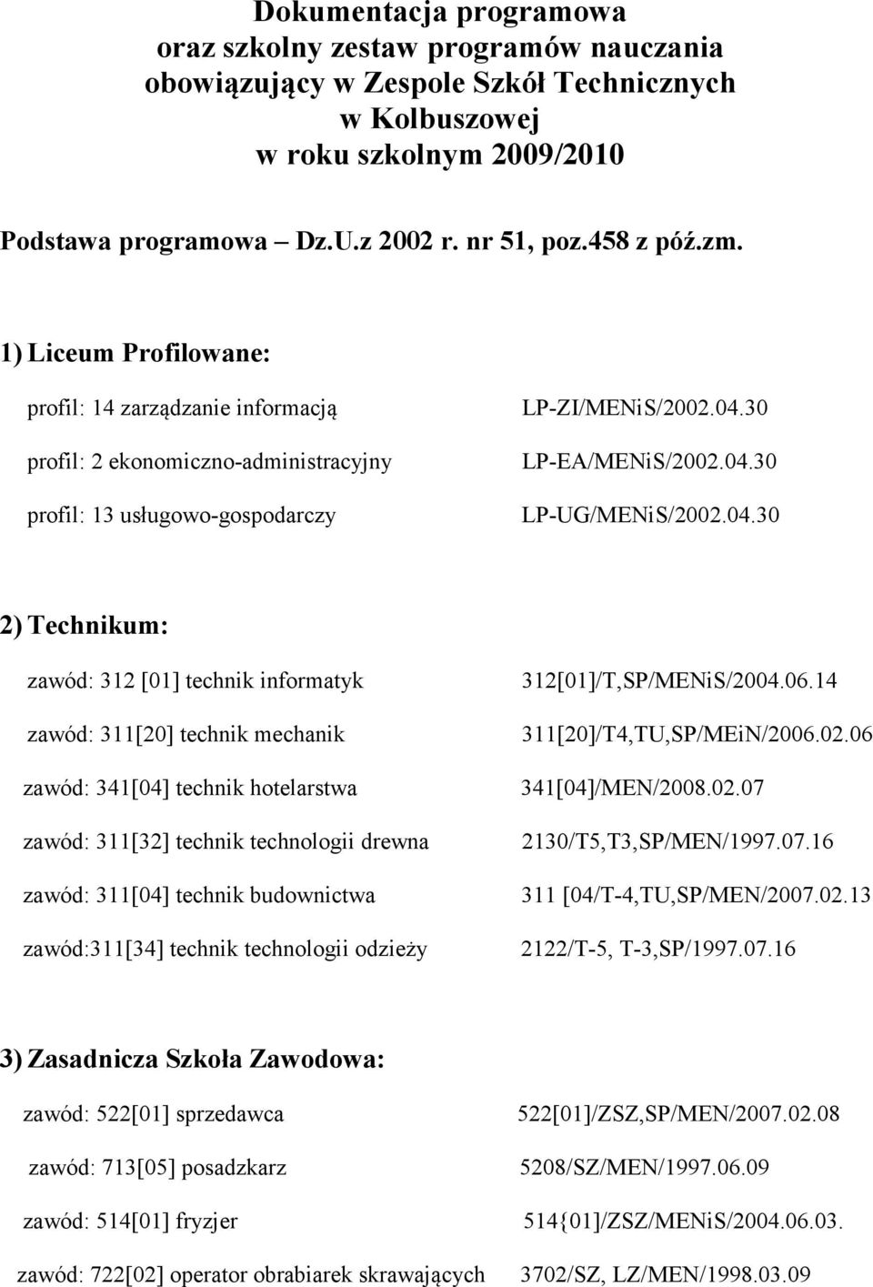 04.30 2) Technikum: zawód: 312 [01] technik informatyk zawód: 311[20] technik mechanik zawód: 341[04] technik hotelarstwa zawód: 311[32] technik technologii drewna zawód: 311[04] technik budownictwa