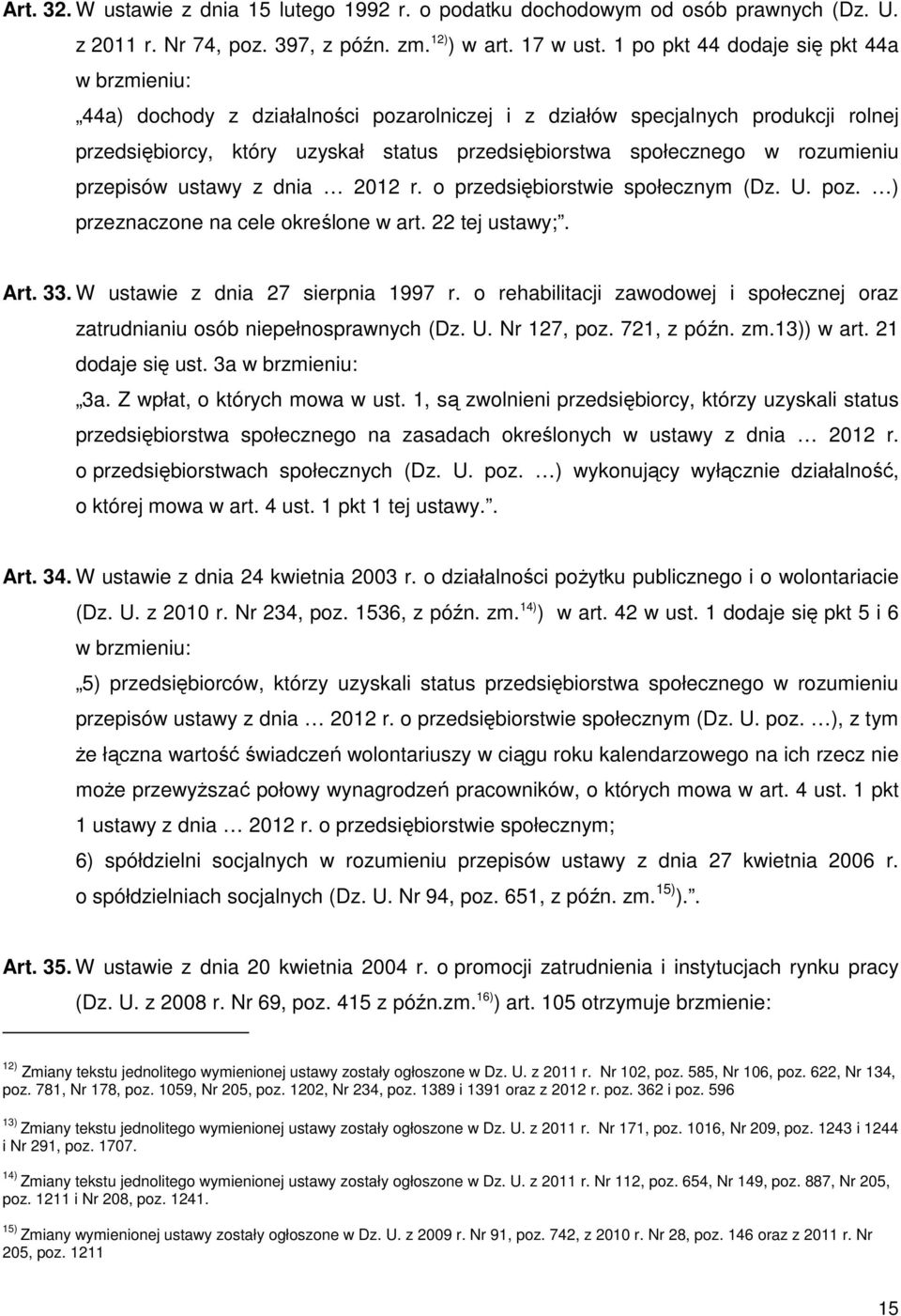 rozumieniu przepisów ustawy z dnia 2012 r. o przedsiębiorstwie społecznym (Dz. U. poz. ) przeznaczone na cele określone w art. 22 tej ustawy;. Art. 33. W ustawie z dnia 27 sierpnia 1997 r.