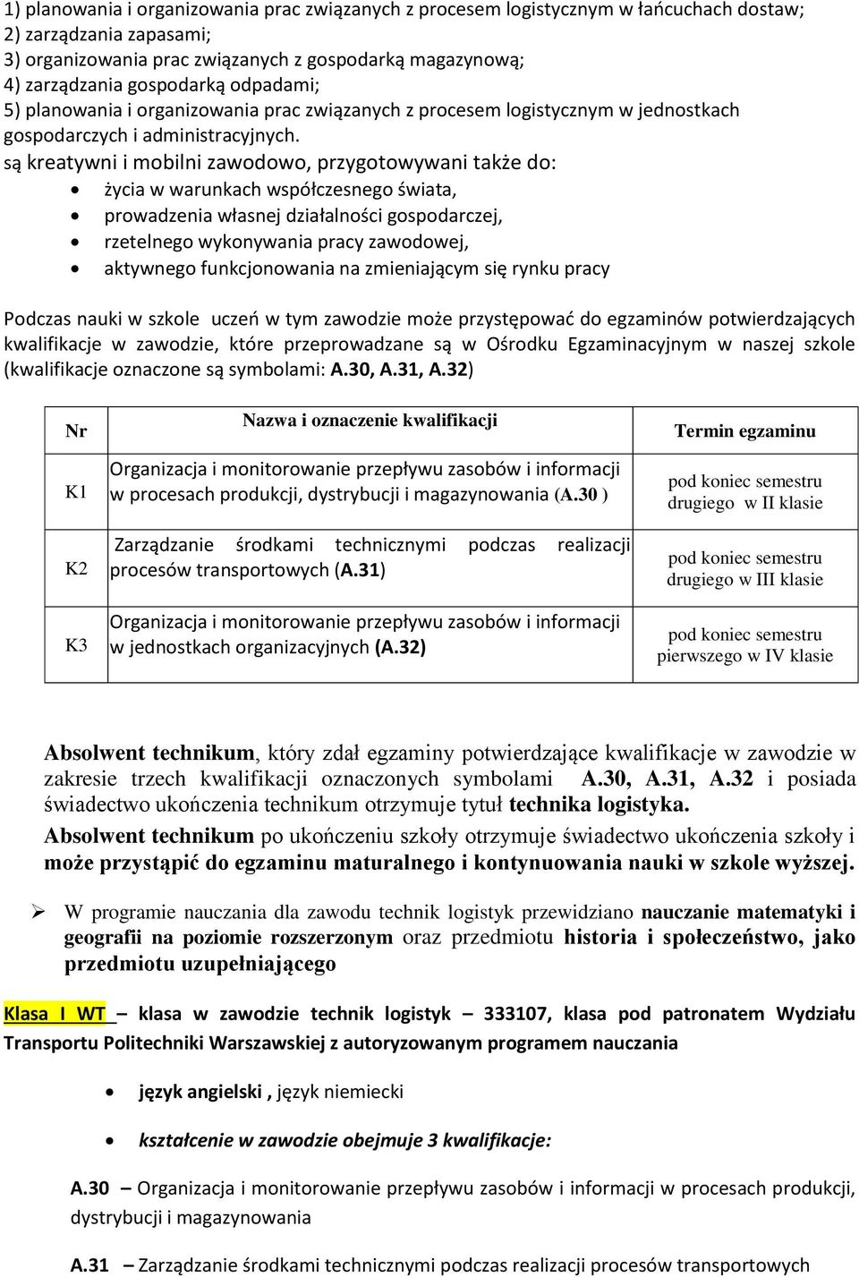 są kreatywni i mobilni zawodowo, przygotowywani także do: życia w warunkach współczesnego świata, prowadzenia własnej działalności gospodarczej, rzetelnego wykonywania pracy zawodowej, aktywnego