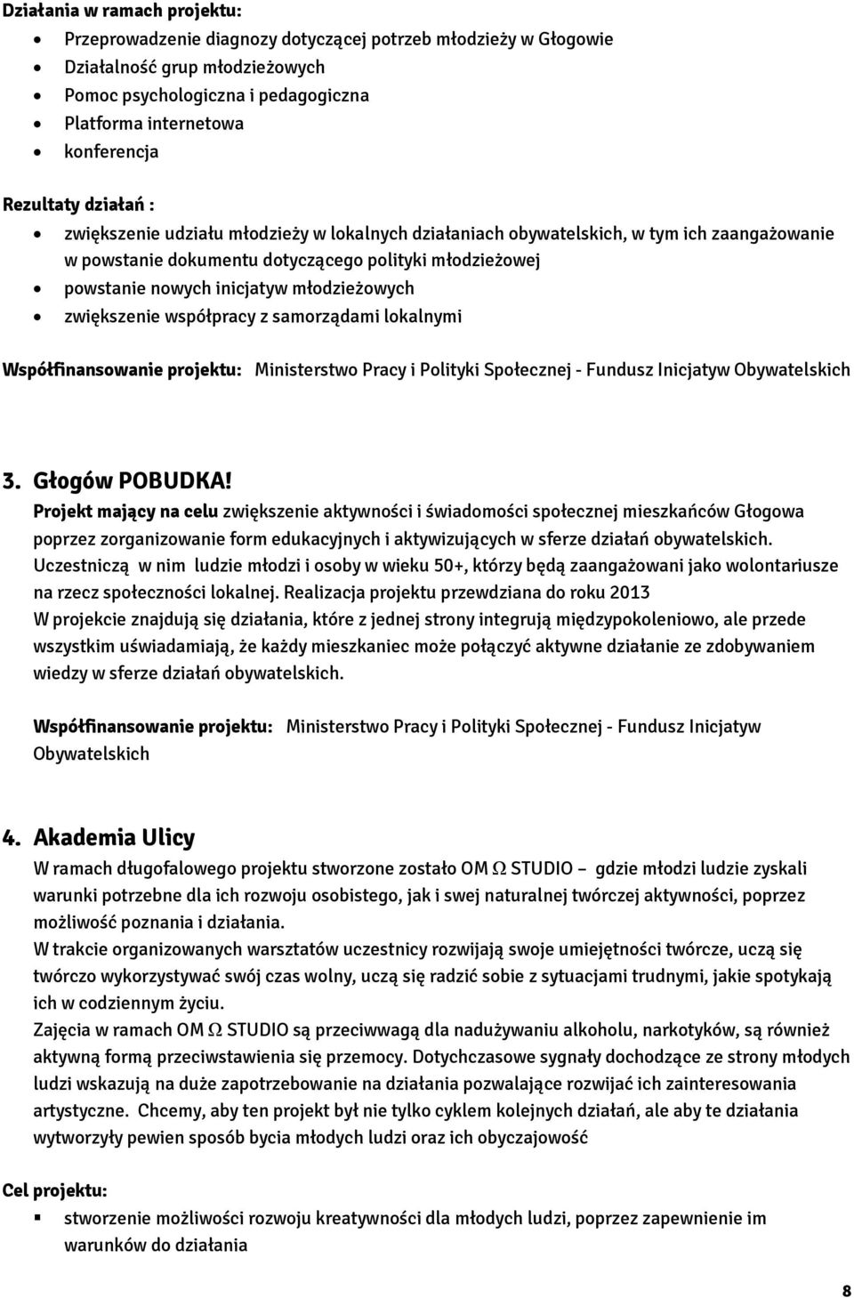 młodzieżowych zwiększenie współpracy z samorządami lokalnymi Współfinansowanie projektu: Ministerstwo Pracy i Polityki Społecznej - Fundusz Inicjatyw Obywatelskich 3. Głogów POBUDKA!