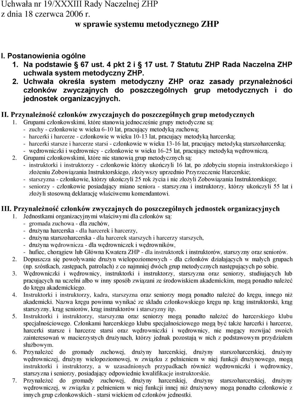 Uchwała określa system metodyczny ZHP oraz zasady przynależności członków zwyczajnych do poszczególnych grup metodycznych i do jednostek organizacyjnych. II.