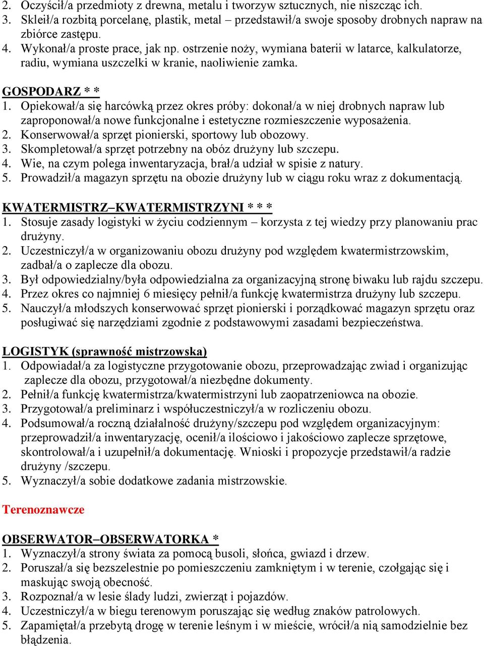 Opiekował/a się harcówką przez okres próby: dokonał/a w niej drobnych napraw lub zaproponował/a nowe funkcjonalne i estetyczne rozmieszczenie wyposażenia. 2.