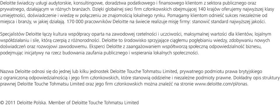 Pomagamy klientom odnieść sukces niezależnie od miejsca i branży, w jakiej działają. 170 000 pracowników Deloitte na świecie realizuje misję firmy: stanowić standard najwyższej jakości.