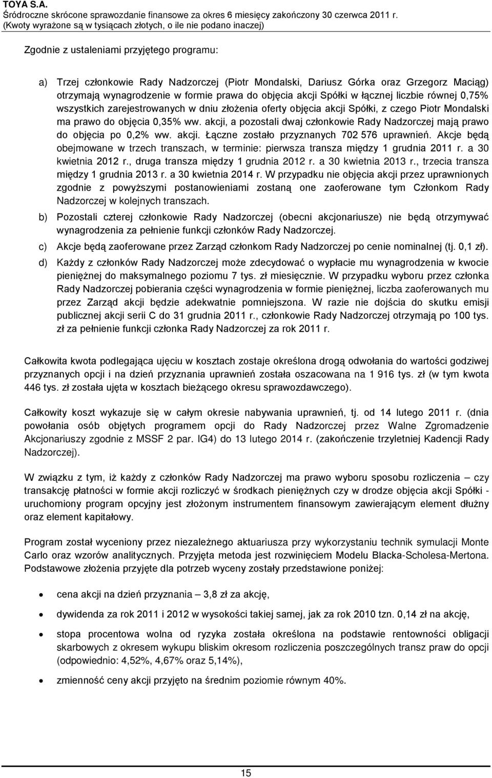 akcji, a pozostali dwaj członkowie Rady Nadzorczej mają prawo do objęcia po 0,2% ww. akcji. Łączne zostało przyznanych 702 576 uprawnień.