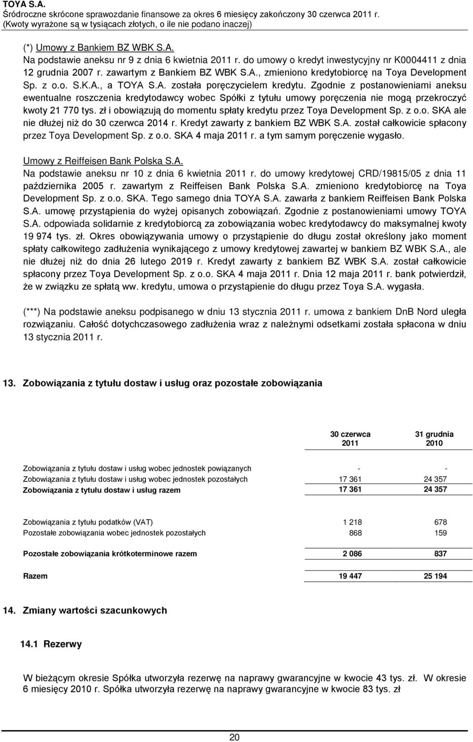 Zgodnie z postanowieniami aneksu ewentualne roszczenia kredytodawcy wobec Spółki z tytułu umowy poręczenia nie mogą przekroczyć kwoty 21 770 tys.