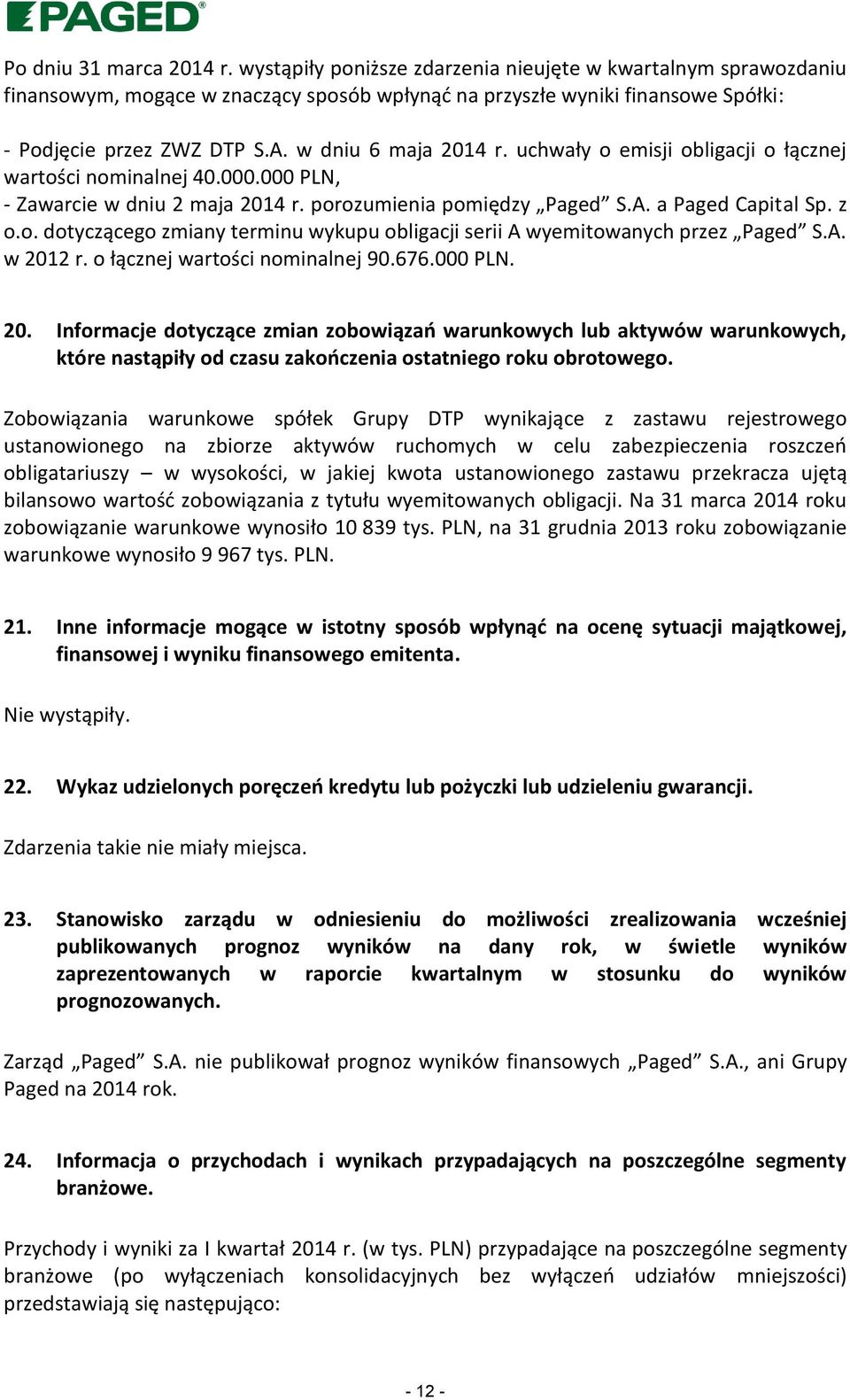 A. w 2012 r. o łącznej wartości nominalnej 90.676.000 PLN. 20. Informacje dotyczące zmian zobowiązań warunkowych lub aktywów warunkowych, które nastąpiły od czasu zakończenia ostatniego roku obrotowego.