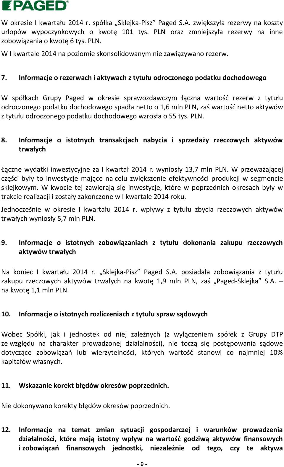 Informacje o rezerwach i aktywach z tytułu odroczonego podatku dochodowego W spółkach Grupy Paged w okresie sprawozdawczym łączna wartość rezerw z tytułu odroczonego podatku dochodowego spadła netto