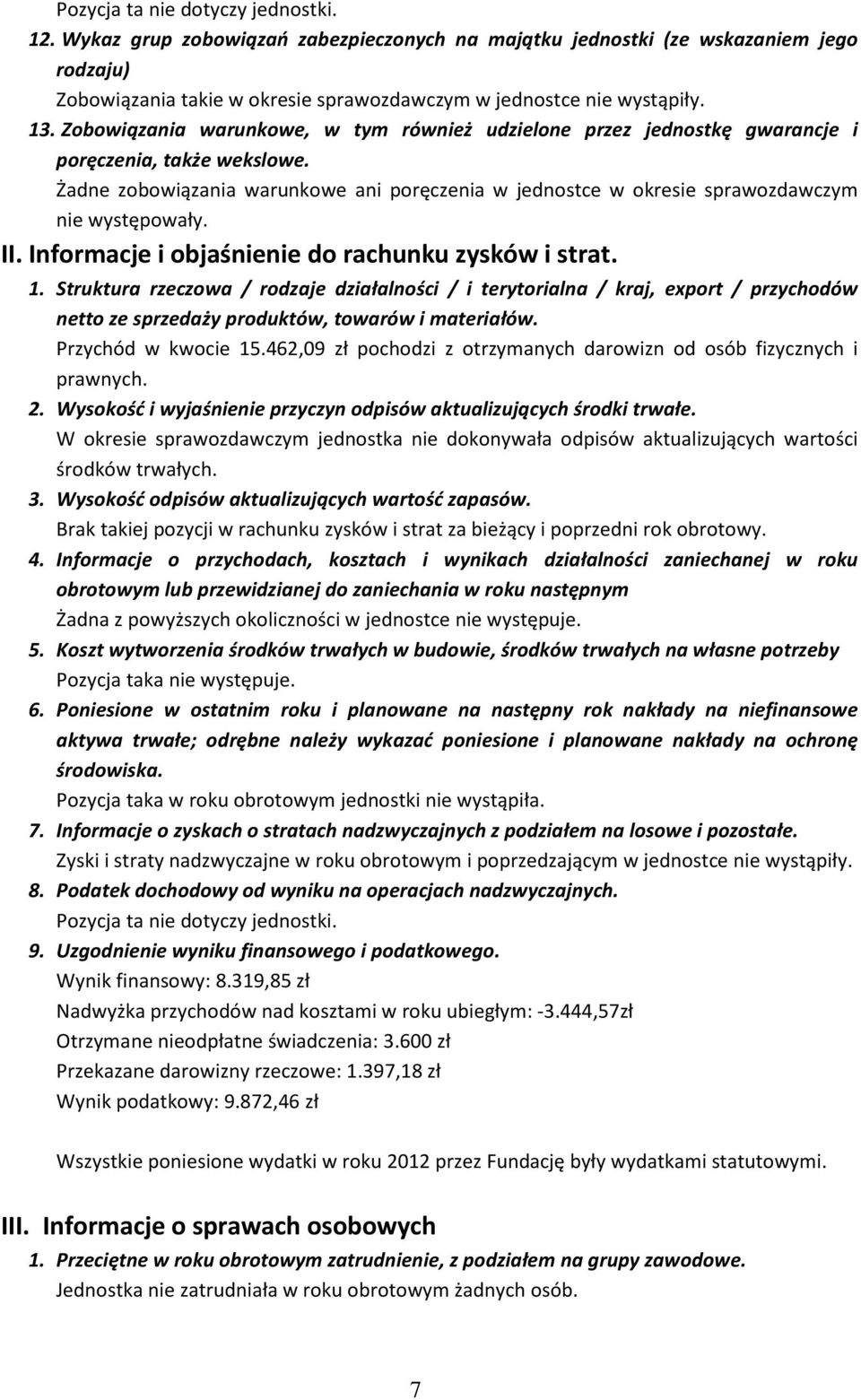 Żadne zobowiązania warunkowe ani poręczenia w jednostce w okresie sprawozdawczym nie występowały. II. Informacje i objaśnienie do rachunku zysków i strat. 1.