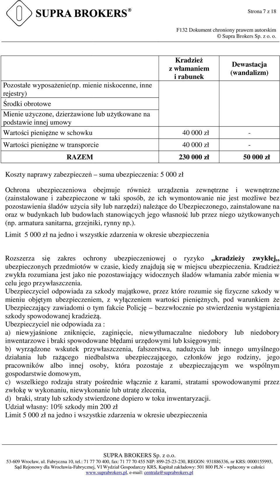 z włamaniem i rabunek 40 000 zł 40 000 zł 230 000 zł Dewastacja (wandalizm) - - 50 000 zł Koszty naprawy zabezpieczeń ń suma ubezpieczenia: 5 000 zł Ochrona ubezpieczeniowa obejmuje również