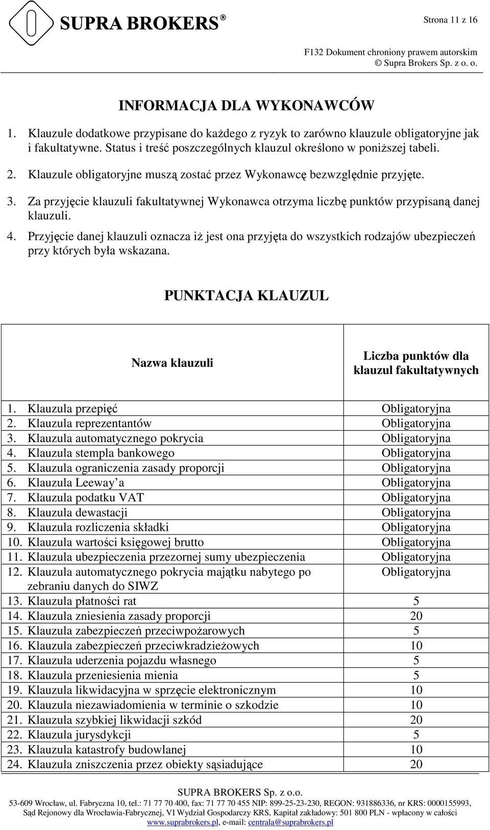 Za przyjęcie klauzuli fakultatywnej Wykonawca otrzyma liczbę punktów przypisaną danej klauzuli. 4.