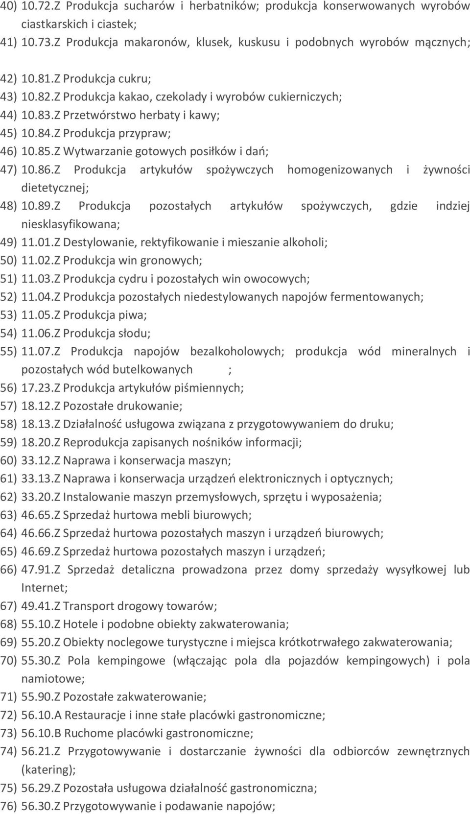 Z Wytwarzanie gotowych posiłków i dań; 47) 10.86.Z Produkcja artykułów spożywczych homogenizowanych i żywności dietetycznej; 48) 10.89.