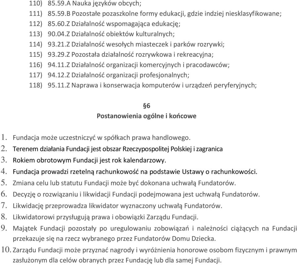 12.Z Działalność organizacji profesjonalnych; 118) 95.11.Z Naprawa i konserwacja komputerów i urządzeń peryferyjnych; 6 Postanowienia ogólne i końcowe 1.