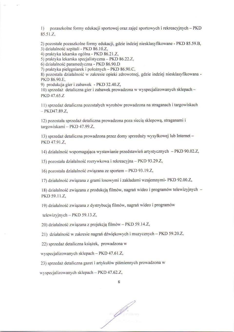 D 7) praktyka pielggniarek i poloznych - PKD 86.90.C, 8) pozostala dzialalnosi w zakresie opieki zdrowotnej, gdzie indziej niesklasyfikowana - PKD 86,90.E, 9) produkcia gier izabawek - PKD 32.40.